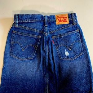Levy’s Jean DeminSkirt high waisted and slightly distressed.